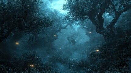Obraz premium Enchanting dark forest, glowing lights, mystical path, night scene, fantasy art
