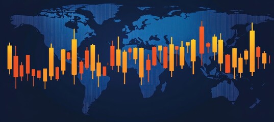 Global Stock Market Trends Vector Graphic of World Map with Rising and Falling Candlestick Chart.