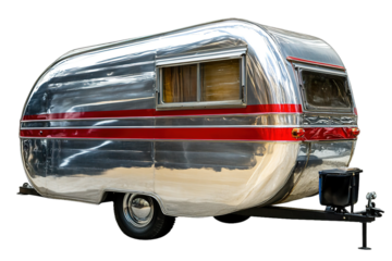 Vintage shiny aluminum camper with red stripe isolated on white