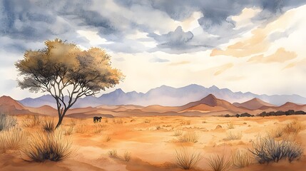 Fototapeta premium Serene Desert Landscape Under a Cloudy Sky