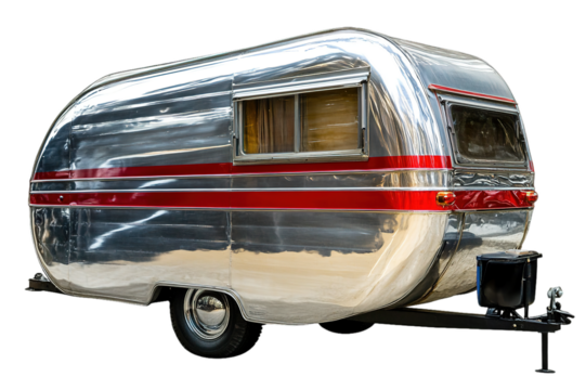 Vintage shiny aluminum camper with red stripe isolated on white - Powered by Adobe