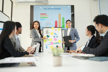 Business team brainstorming for planning strategies, laptop meeting with collaboration to present group project in office.