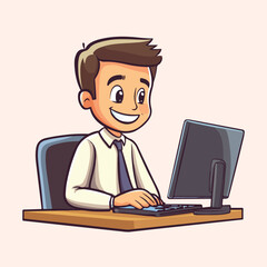 Cartoon employee sitting and typing on a laptop vector illustration 
