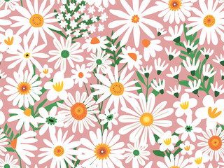 Flower chamomile seamless pattern with hand-drawn floral elements. Blossom botanical vector set for decor, easter, print or textile design