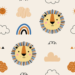 Seamless pattern with cute little lion, rainbow, sun and cloud for your fabric, children textile, nursery decoration, gift wrap paper, kids bedding. Vector illustration