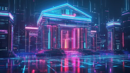 Fototapeta premium Futuristic Bank, Digital City, Neon Glow, Data Stream, Finance