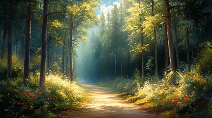 A serene pathway through a quiet forest, with soft sunlight filtering through the trees and casting gentle shadows on the forest floor.