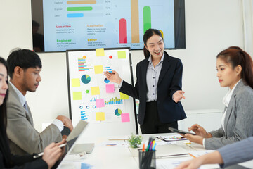 Business team brainstorming for planning strategies, laptop meeting with collaboration to present group project in office.