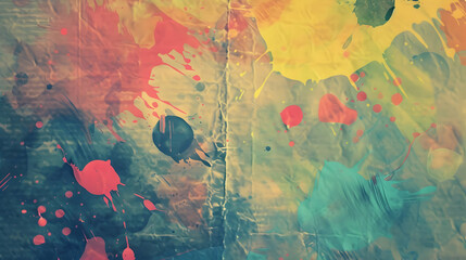 Vibrant abstract art with colorful paint splashes on textured canvas, suitable for creative backgrounds