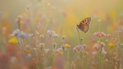 Butterfly on wildflowers in soft sunlight.