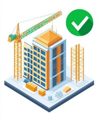 Construction Building Progress with Crane and Checklist Icon