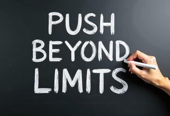 Fototapeta premium Handwriting 'PUSH BEYOND LIMITS' on a Blackboard: Inspiring Motivation and Growth Motivational quotes best for wall art or print