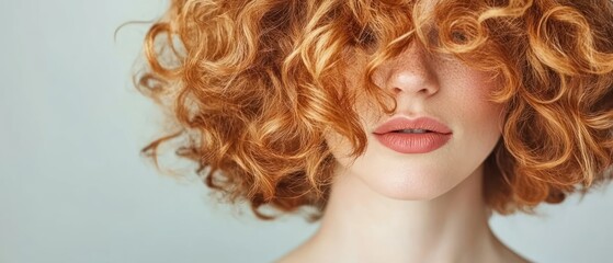 Naklejka premium Woman with Curly Red Hair and Natural Makeup Portrait against Light Background