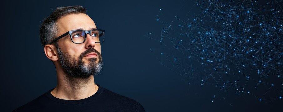 A contemplative man with glasses gazes upward, surrounded by a subtle, abstract sparkle effect against a dark background.