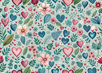 Romantic Floral Pattern with Hearts. Vintage Illustration