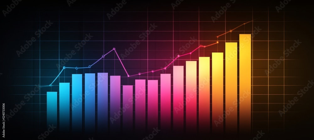 Poster glowing multicolor bar chart and line graphs on a dark background, financial data visualization