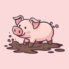 Cartoon Pig Playing in Mud vector illustration