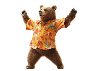 bear wearing colorful Hawaiian shirt dances joyfully, showcasing fun and lively spirit. This playful scene captures essence of celebration and happiness