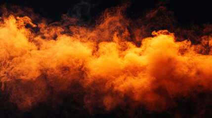 vibrant orange fog or smoke effect swirls against dark black background, creating dramatic and mysterious atmosphere. dense, swirling patterns evoke sense of movement and energy