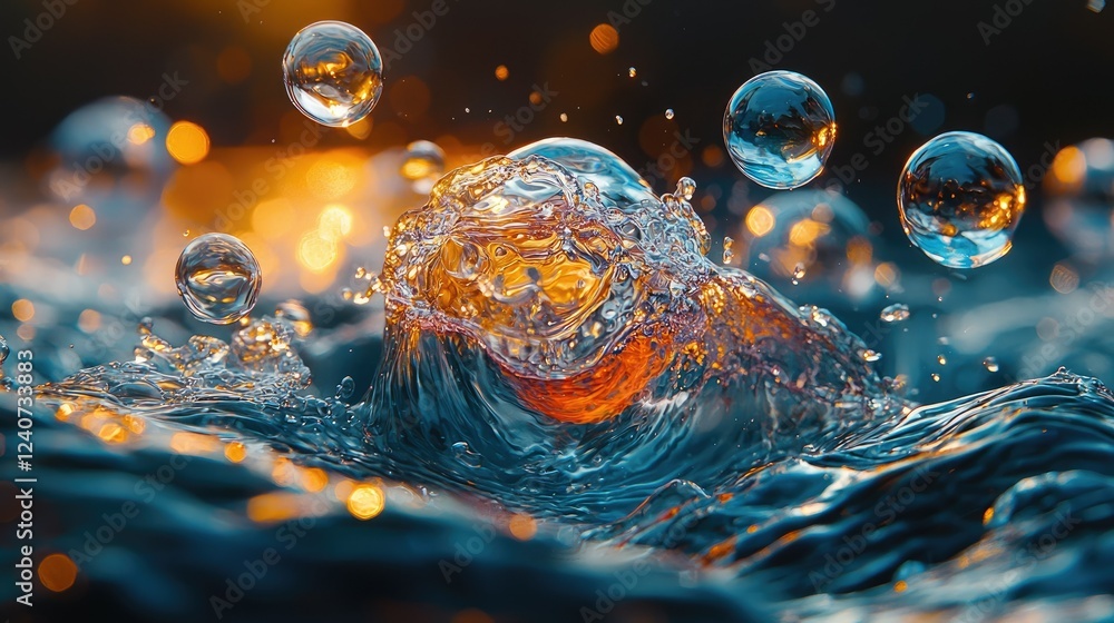 Poster water droplets splash and ripple creating vibrant patterns