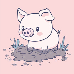 Cartoon Pig Playing in Mud vector illustration