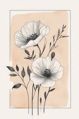 Elegant Black and White Floral Illustration on Soft Peach Background