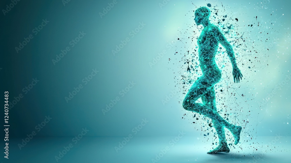 Poster futuristic human figure in motion created with digital particles and light effects against a soft gr