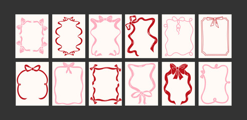 Abstract frames bows posters in minimalist style. Wall decor, fashionable banners in the style of Matisse cartoons. Line drawings, ribbons, cute style. Wallpaper, wall, prints and postcards decor