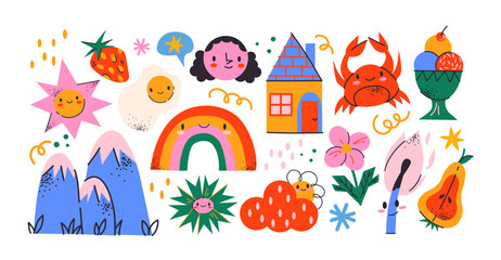 Set cute cartoon doodle stickers in the retro groovy 90s style. Hippie design elements, flowers, pets, raibow, fruits. Acid bright retro 90s sticker pack