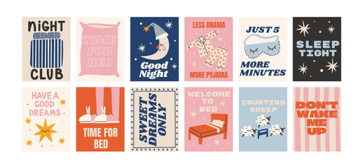 Cartoon good night posters. Cozy pajamas, bed, pillows, moon, bedtime. Trendy night illustrations in doodle retro style. Banners for wall and gift cards © Limpreom