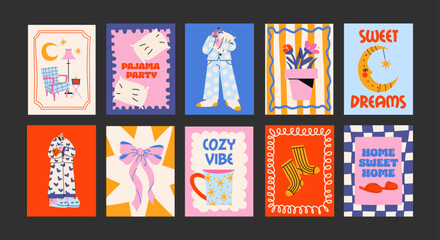 Cartoon good night posters. Cozy pajamas, bed, pillows, moon, bedtime. Trendy night illustrations in doodle retro style. Banners for wall and gift cards © Limpreom