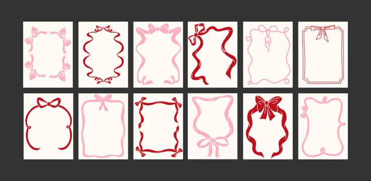 Fototapeta Abstract frames bows posters in minimalist style. Wall decor, fashionable banners in the style of Matisse cartoons. Line drawings, ribbons, cute style. Wallpaper, wall, prints and postcards decor