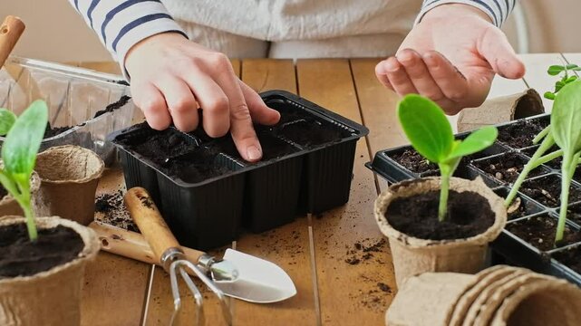 Part 2, instructions for planting seeds at home for seedlings: gardener woman spreading seeds in fertile soil in seedling containers. Gardener planting seeds in trays at home for urban gardening