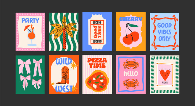 Abstract posters in a minimalist style. Wall decor, trendy banners of summer, flowers , cocktails, disco, animals in the cartoon style of Matisse. Decor of wallpaper, walls, print and postcards