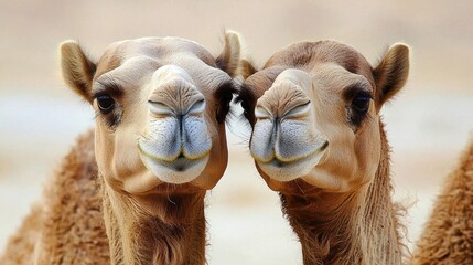 Obraz premium In a serene desert landscape, two camels stand closely side by side, their inquisitive expressions reflecting the tranquility of the warm afternoon sun