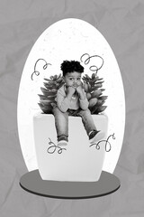 Creative photo 3d collage artwork postcard of little nice bored boy expecting sitting flowerpot isolated on painting background