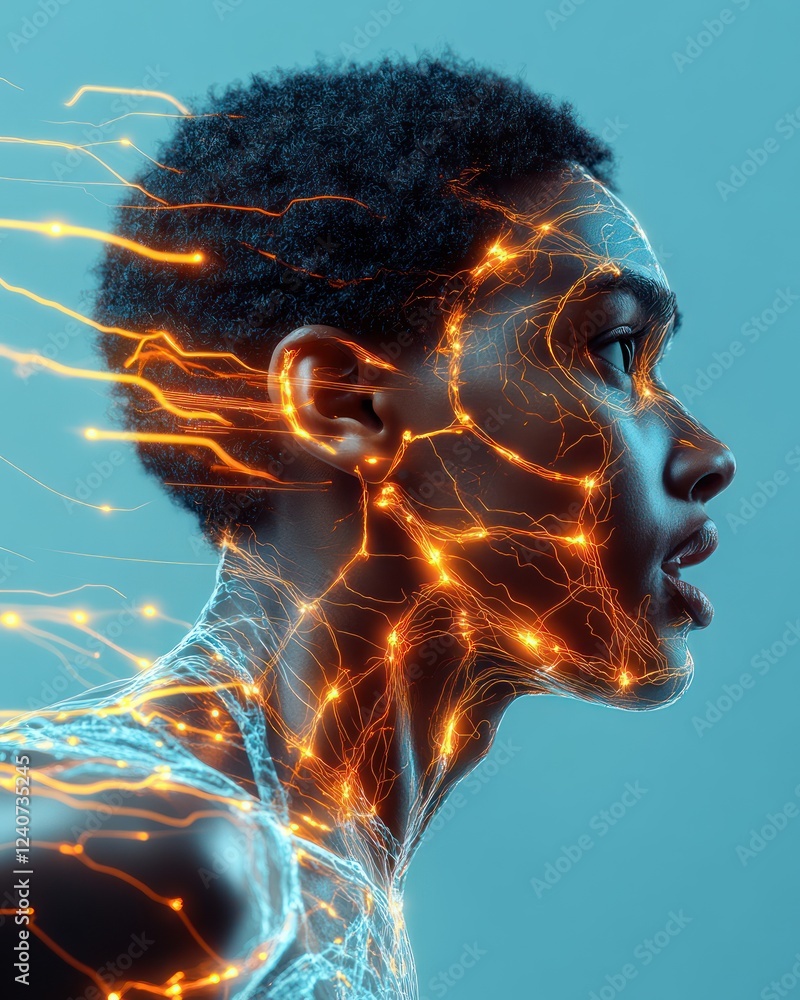 Poster abstract portrait of human profile with glowing lines and interconnected light patterns for futurist