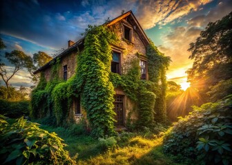 Obraz premium Abandoned House, Overgrown Vines, Dark Shadows - Stock Photo