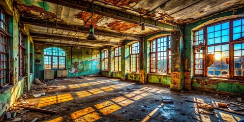 Abandoned Urban Building Interior, Decaying Architecture, Grungy City Exploration, Post-Industrial Ruin, Dark Urban Photography