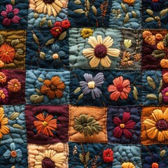 Seamless  embroidery decorative flowers pattern, vintage patchwork textile