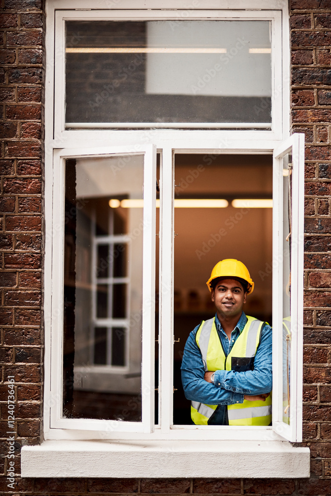 Poster Portrait, man and engineer with confidence by window of building maintenance, development and labor. Proud, person and arms crossed for engineering ambition, industrial experience and renovation site