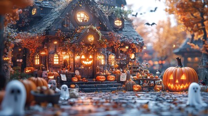Halloween shop, autumn village, miniature, pumpkins, ghosts