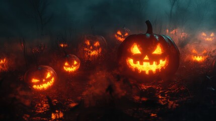 Fototapeta premium Halloween Jack-o'-lanterns in a foggy forest