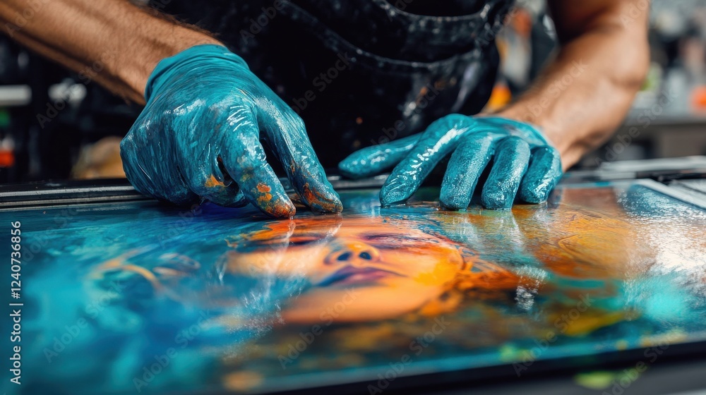 Poster artistic hands creating colorful portrait on canvas in studio setting
