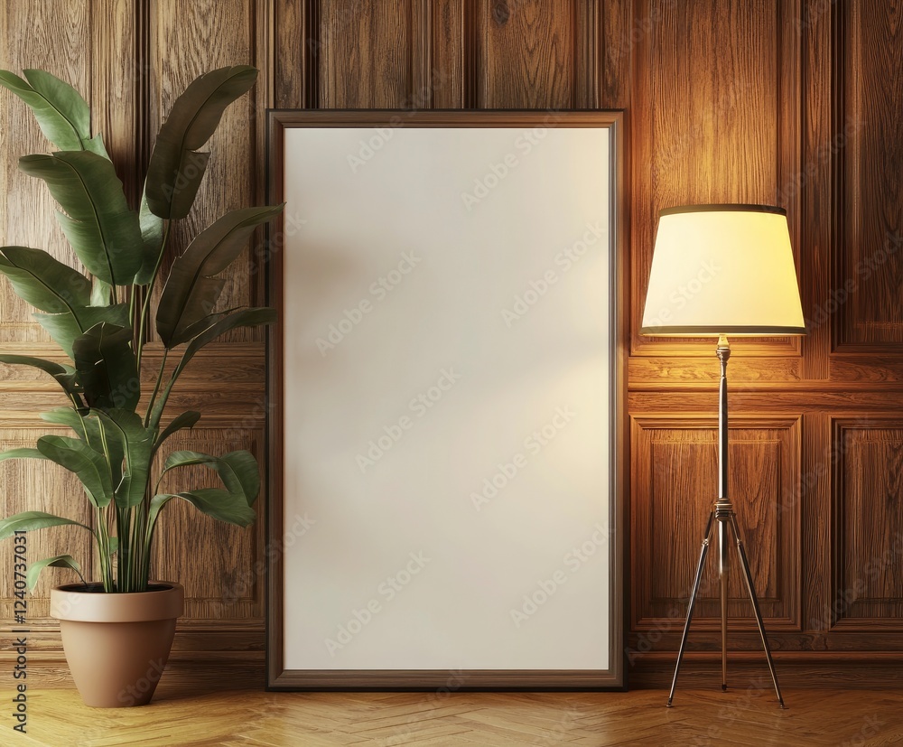 Poster 3d rendering of an empty picture frame on the wall, leaning against the wall. in front of it is a fl
