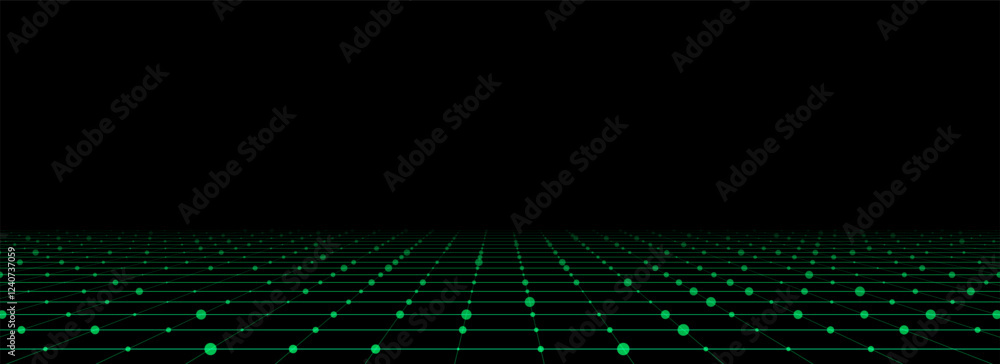Poster technology wireframe landscape. vector perspective grid. digital space. green mesh on a black backgr