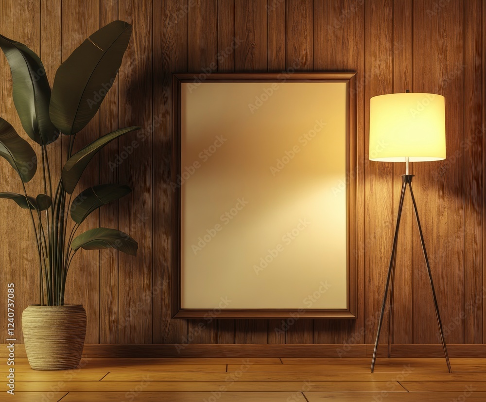 Poster 3d rendering of an empty picture frame on the wall, leaning against the wall. in front of it is a fl