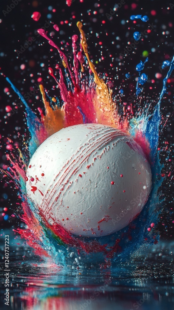 Poster showcase hyperrealistic 3d cricket white ball crafted from multicolored paint splashes set on a blac