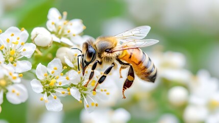 Bee pollinating white flowers in a garden