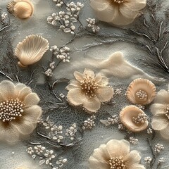 Seamless decorative silver embroidery flowers and floral  pattern